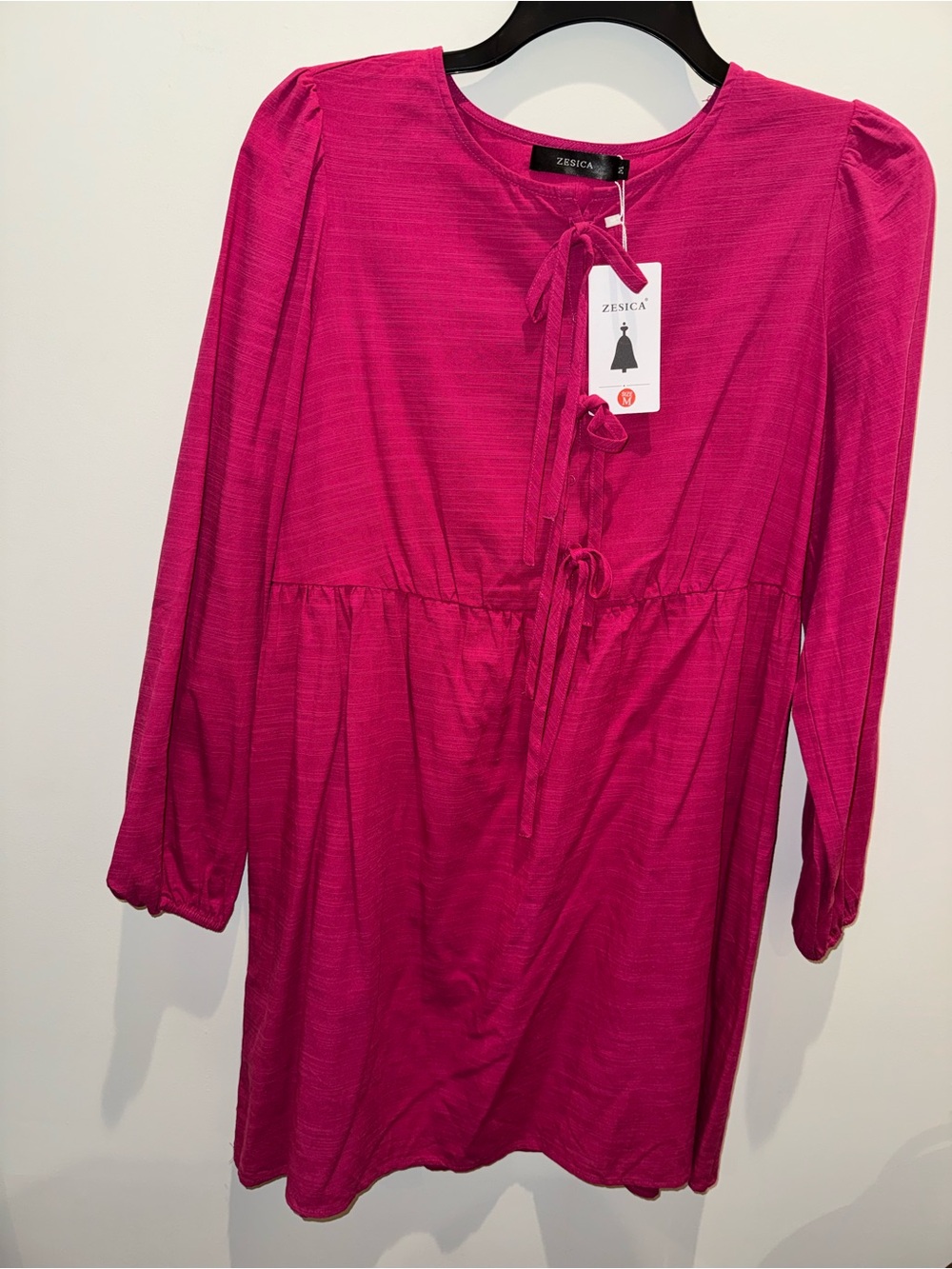 Zesica Fuchsia Long-Sleeve Tie-Front Dress